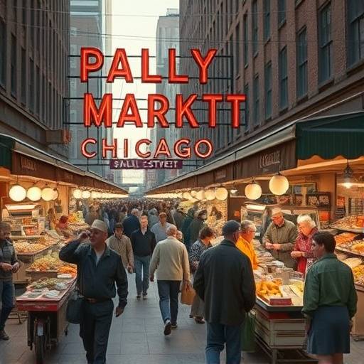 A bustling street scene from Maxwell Street Market in 1940s Chicago, filled with vendors and shoppers.