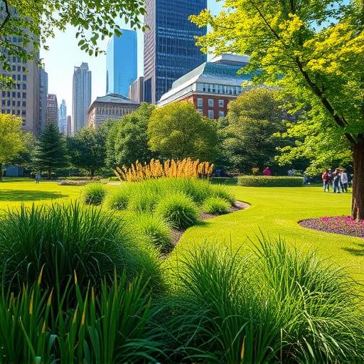 Episode cover for 'Windy City Waves: Chicago's Green Initiatives' showing a lush park in the middle of the city.
