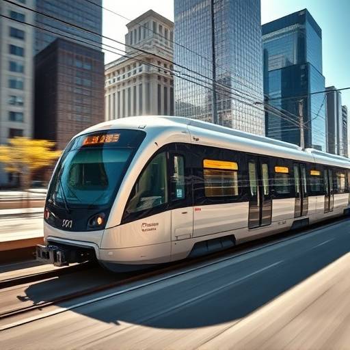 Episode cover for 'Windy City Waves: The Future of Public Transportation' depicting a modern train speeding through the city.